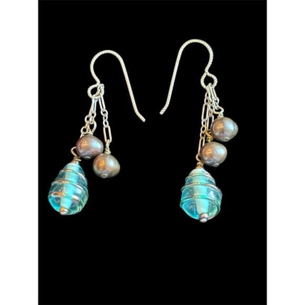 Sterling Silver Blue Blown Spiral Glass Bead & FW Pearl Earrings 925 Boho